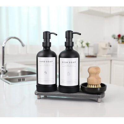 16oz Clear Glass Kitchen Soap Dispenser Set | Stainless Steel Pump, Dry Tray & Accessories | Labels, Silicone Pad & Dish Brush