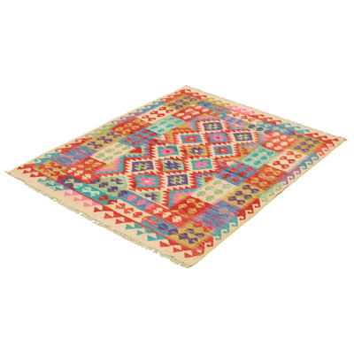 Tapis décoratif en laine noué à la main de conception unique 5 pi x 6 pi 5 po « New Age » rouge/bleu/vert