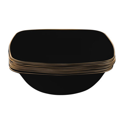 Bols carrés en plastique noir 16 oz avec bordure dorée 120 invités Ecoqualité