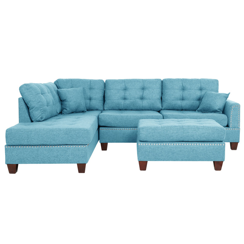 Ensemble de canapé modulaire réversible 3 pièces avec repose-pieds, Tissu bleu