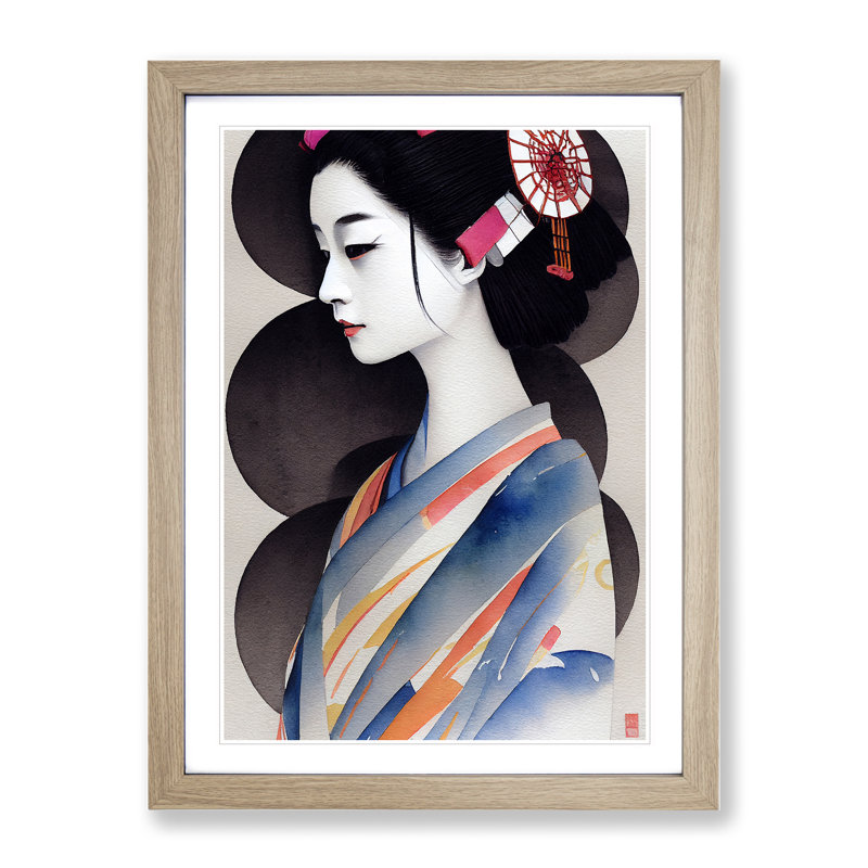 Inspiring Geisha - Wall Art, 64cm H x 46cm W x 2cm D, Oak Framed