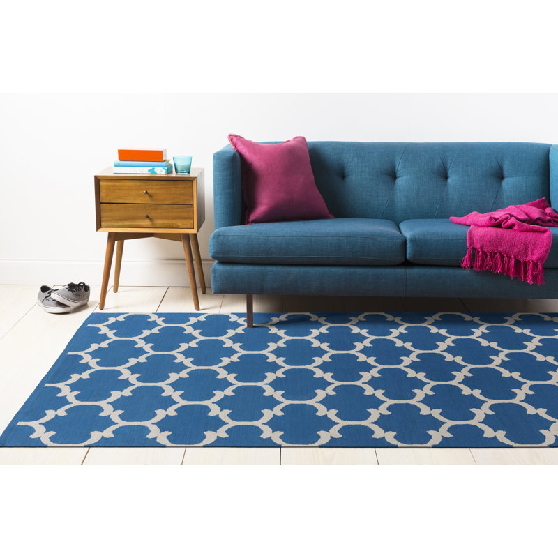 Tapis bleu / ivoire en coton tissé à la main Ayles, Rectangle 8 pi x 10 pi