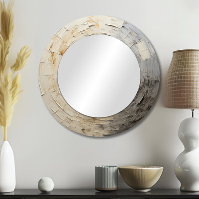 Grey Beige Meditative Movement - Abstract Spirals Decorative Wall Mirror, Modern Large Round Mirror, Printed Metal Art