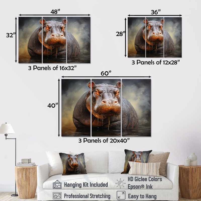 «Grey Majestic Hippo Elegance I», art mural hippopotame, H 40 po x l 60 po