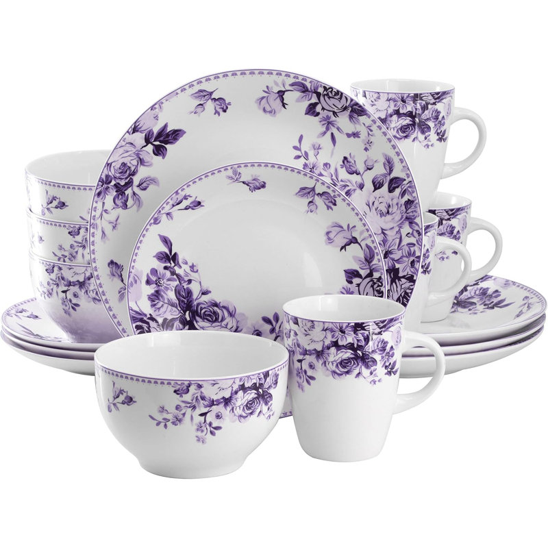 Service de table 16 pièces en grès avec motif floral rose, service de vaisselle complet pour 4, Mauve