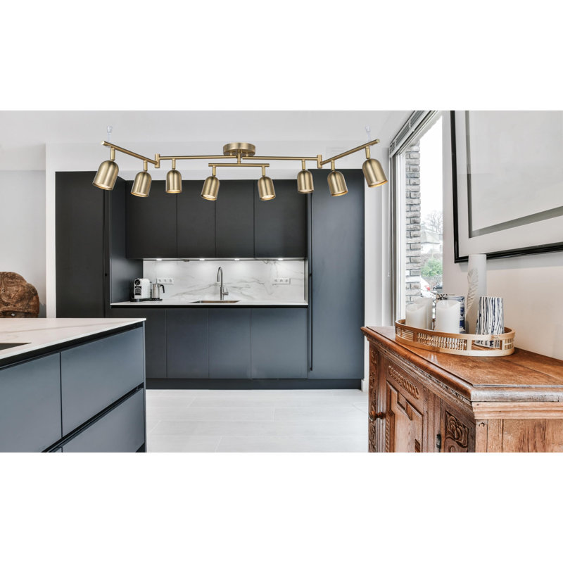 Luminaire sur rail moderne 8 lumières, projecteur de bar rotatif au centre en laiton mat, ensemble d'éclairage sur rail à bras pliables pour la cuisine, la salle à manger, le salon, l'ampoule GU10 non incluse