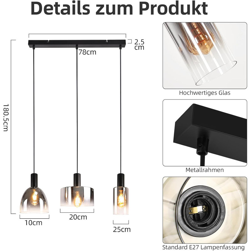 Pendant light 3 - Light E27 Matte Black Cylinder for kitschen