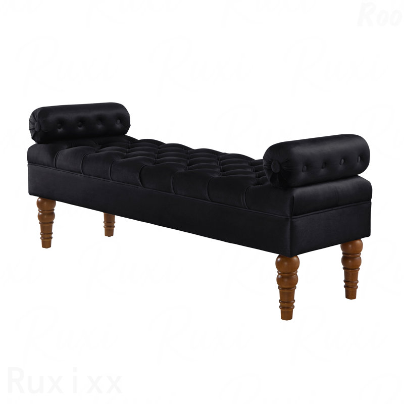 Velvet Fabric Upholstered Long Bench - Button Tufted Seat, For Bedroom, Window & Entryway, Bolster Design, Black
