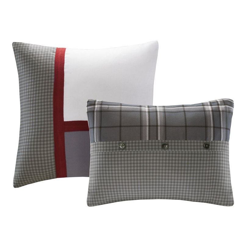 Plaid with Button Details Traditional Comforter Set, Gray, Twin/Twin XL