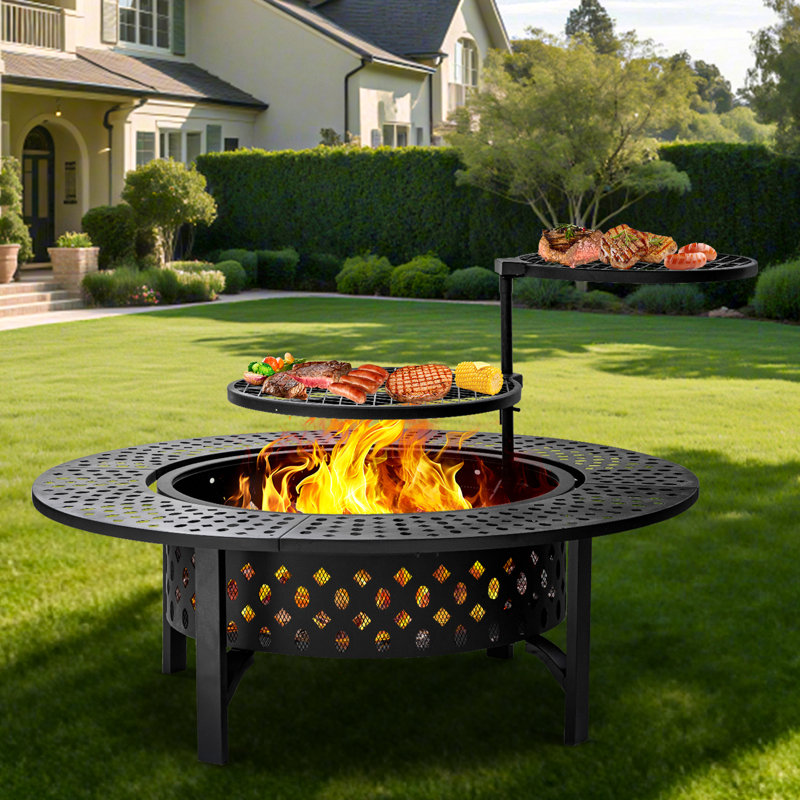 Hayler Wood Burning Outdoor Fire Pit Table with Lid, 16" H x 47" W x 47" D