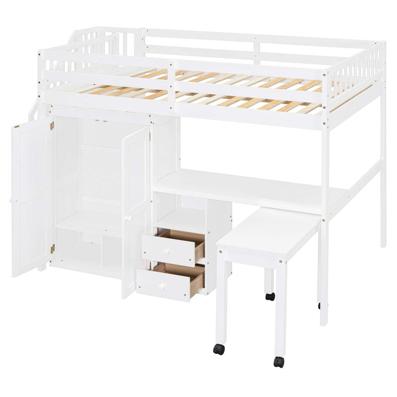 Lit mezzanine avec escalier, bibliothèque, tiroirs, bureau et garde-robe, Complète, Blanc