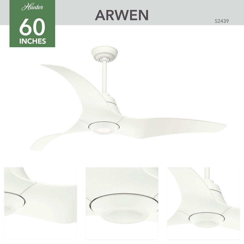 60" Arwen 3-Blade Standard Damp Rated Ceiling Fan With LED Light Kit And Handheld Remote, Porcelain White