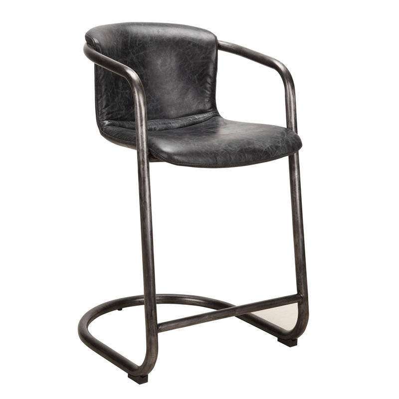 Freeman Bar Stool, Counter Stool (25" Seat Height), Black Genuine Leather