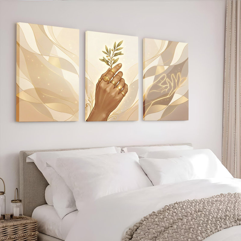 Ensemble de 3 tableaux sur toile représentant des branches d'olivier dorées, peints à la main, pour la décoration du salon et de la chambre.