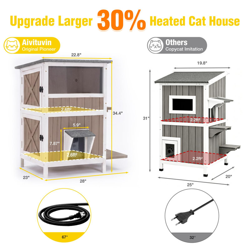 2-Story Heated Outdoor Cat House for Winter, Insulated Cat House for Outdoor Indoor, Weatherproof Cat Shelter with Warm Liner for Feral & Stray Cats
