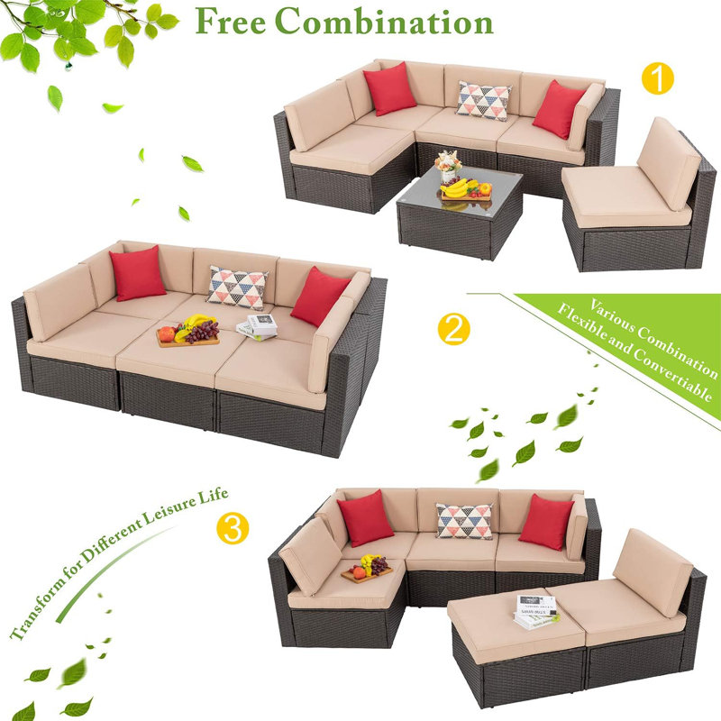 Ensemble de conversation modulaire en rotin 6 pièces avec coussins Arlynne, Beige