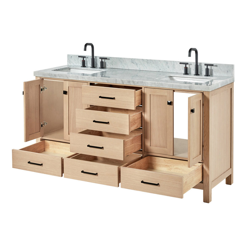 Cambridge 67'' Double Bathroom Vanity with Carrara Marble Top, Oak / Matte Black