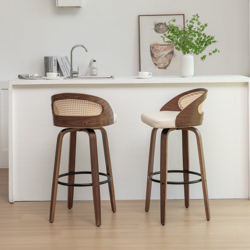 Leeana Mid-Century Modern Rattan Bar Stools With Upholstered Seat（Set Of 4), Beige, Bar Stool (30" Seat Height)