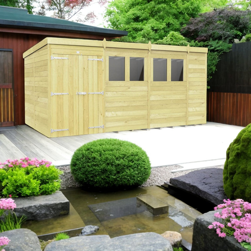 14ft x 8ft Pent Shed - Double Door with Windows