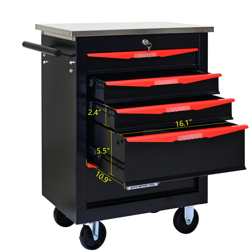 Chariot à outils d'atelier 5 tiroirs avec plateau en acier inoxydable - Noir et rouge, Noir