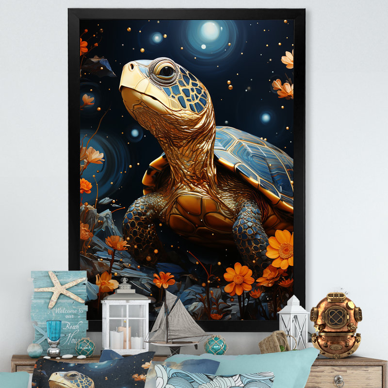 Tortue avec ciel étoilé sur toile, H 32 po x l 16 po x P 1 po, Cadre simple noir