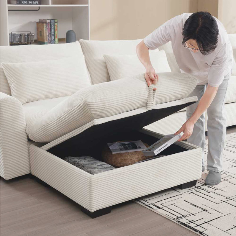 Modular Couch with Storage Ottoman, Beige Corduroy