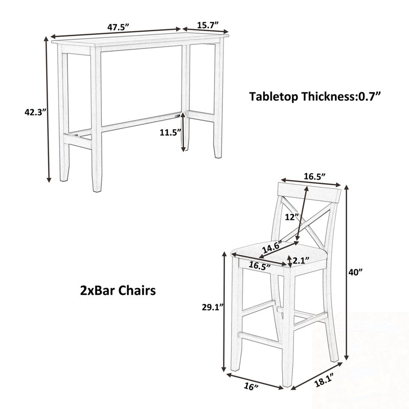 Ensemble de table de salle à manger 3 pièces avec 2 chaises à dossier croisé, Gris, Gris
