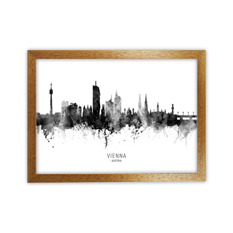 Vienna Austria Skyline Black White City Name by Michael Tompsett - Print, 46cm H x 63cm W x 3cm D, Brown Framed