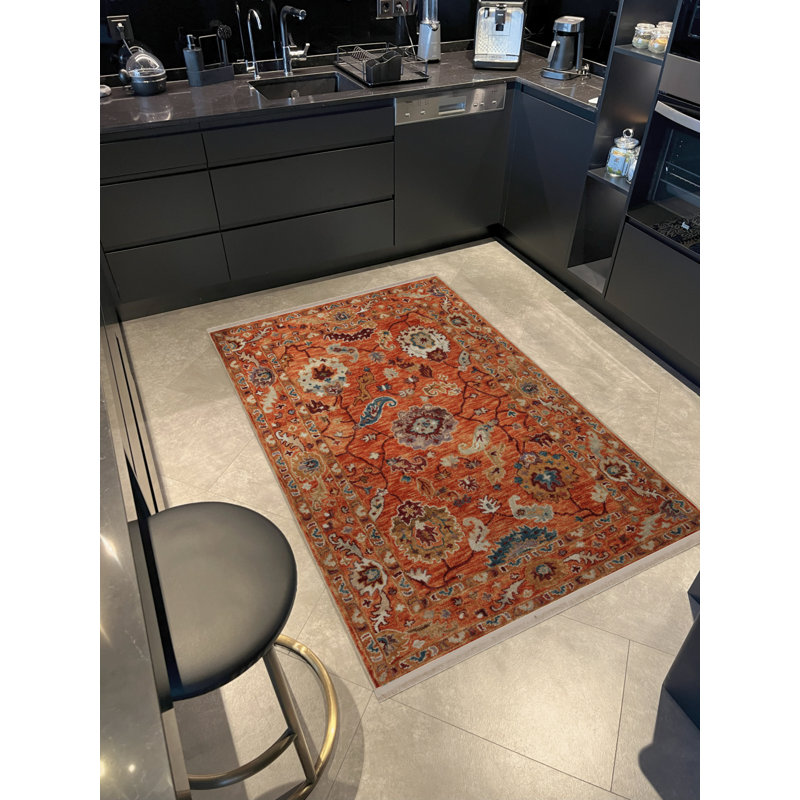 Tapis décoratif orange à motif floral à motif floral orange, Rectangle 5 pi 2 po x 7 pi 11 po