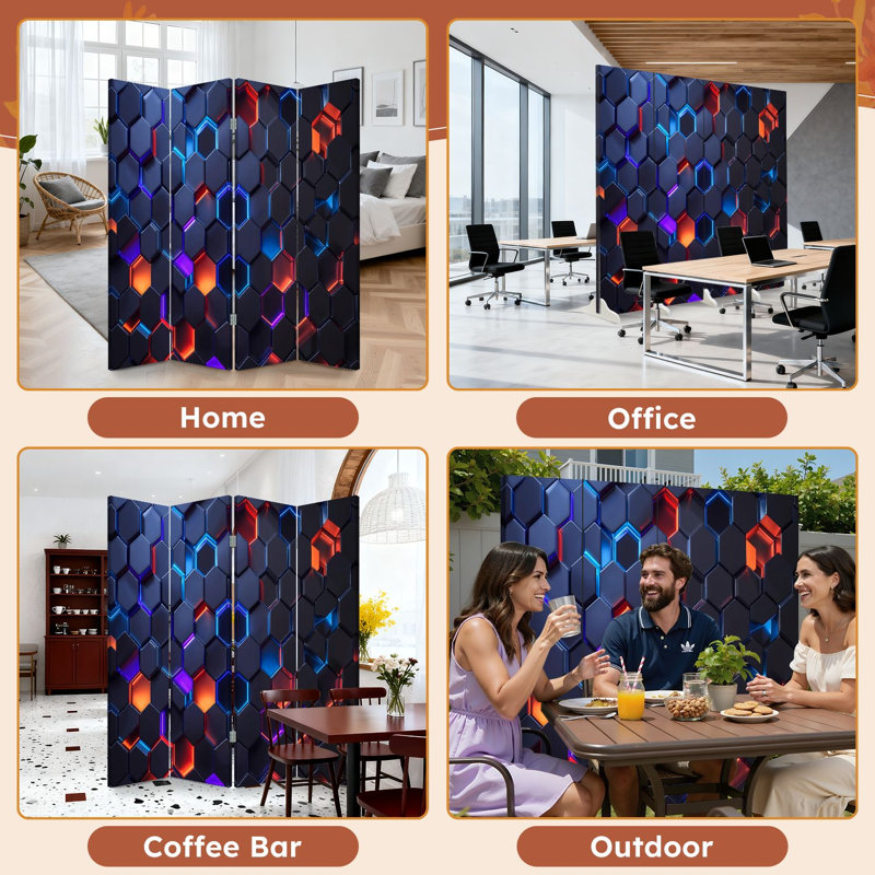 Paravent 4 panneaux à cloison pliable Royal Futuristic Hexagon Neon Glow, 4, H 71 po x l 64 po x P 1 po