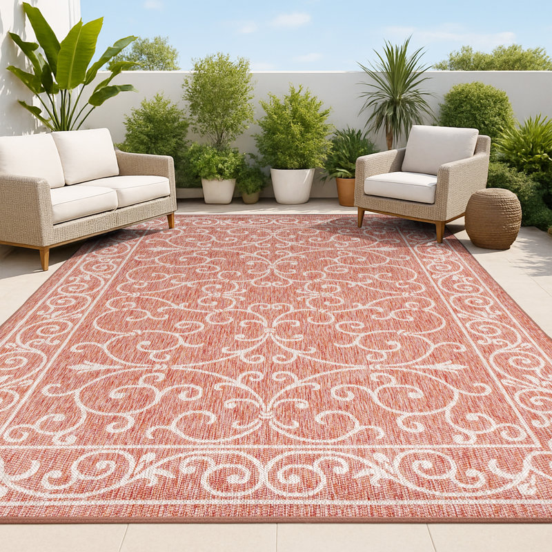 Tapis intérieur / extérieur rouge / beige tissé texturé Hagerman, Rectangle 3 pi 1 po x 5 pi