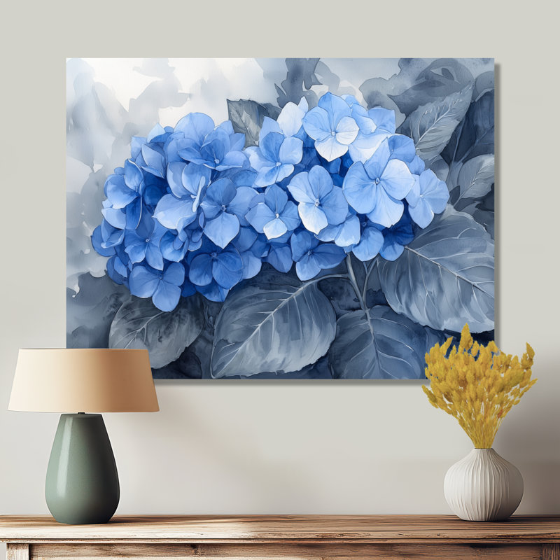 Hortensias dans un jardin en niveaux de gris I - reproduction d'art traditionnelle en métal, décoration murale en métal hydrangées