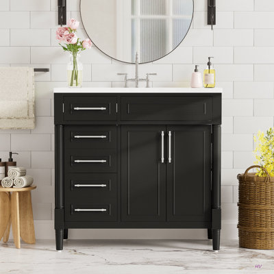 Meuble-lavabo de 36 po avec lavabo en résine supérieur, armoire de rangement autoportante avec 2 tiroirs et un tiroir basculant, ensemble de meuble-lavabo avec cadre en bois massif, tablette à hauteur réglable