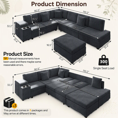 L-Shaped Sectional Sofa Set with Removable Ottoman, Convertible Sleeper, Hidden Armrest Storage, USB Charging Ports, and Plush Corduroy Fabric for Modern Living