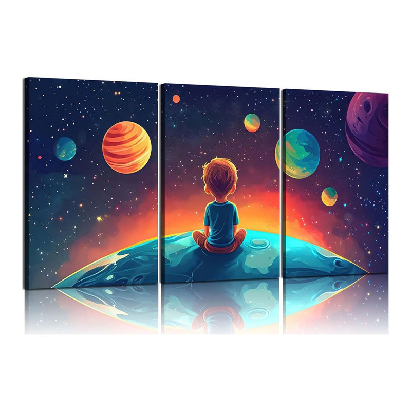 3Pcs Space Boy Canvas Wall Art Cute Inspirational Space Fantasy Wall Decor Pictures With Planet Pattern Poster Prints Painting For Child’S Bedroom And Decoration Ready To Hang Canvas