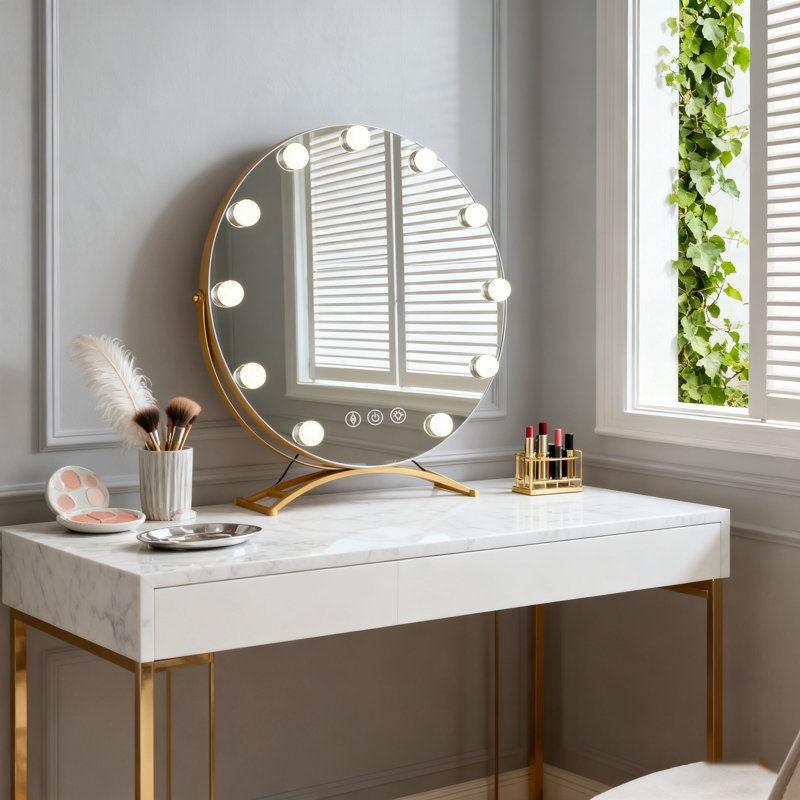 Large and Bright LED Metal Mirror Touch Dimmable Swivel Tabletop Mirror Hollywood Round lighted Makeup Mirror with 11 bulbs and 3x Magnification