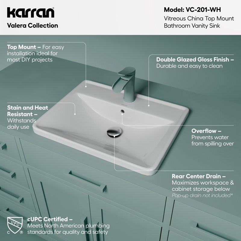 Karran Valera 20 In. Top Mount Vitreous China Rectangular Bathroom Sink With Overflow Drain