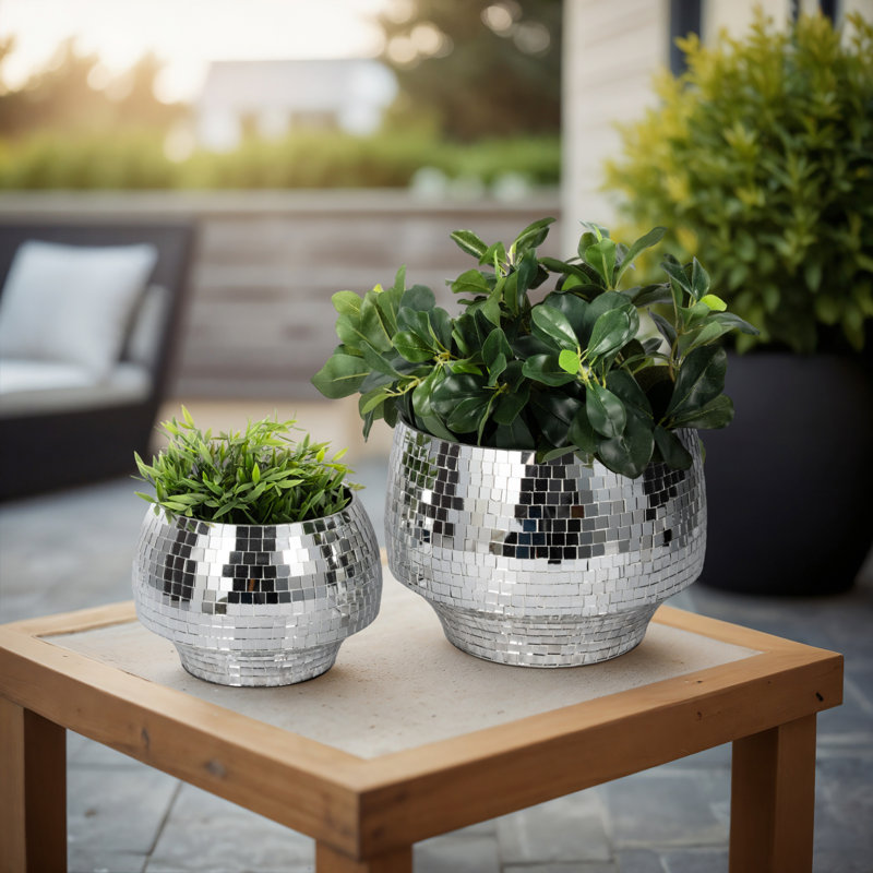 Planters Metal Reflective Mosaic Tile Indoor Outdoor Home Garden Set of 2 - 8", 6" Silver & Metallic, Silver Mirror Tile