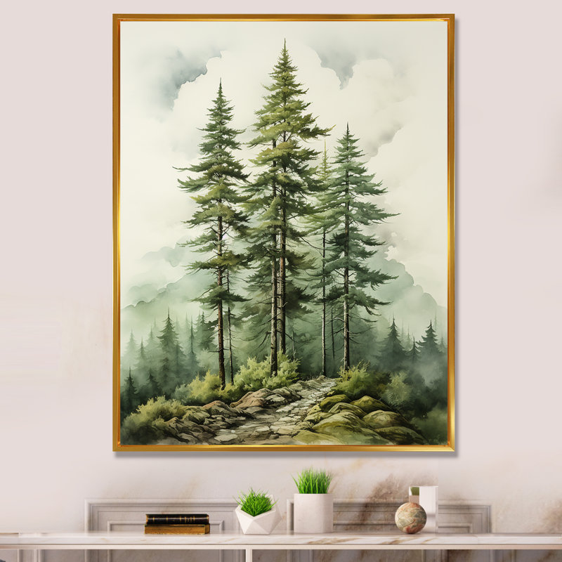 Vert arbre vert Eternal Guardians II - arbre pin, art mural encadré, Cadre flottant doré, H 44 po x l 34 po x P 1,5 po