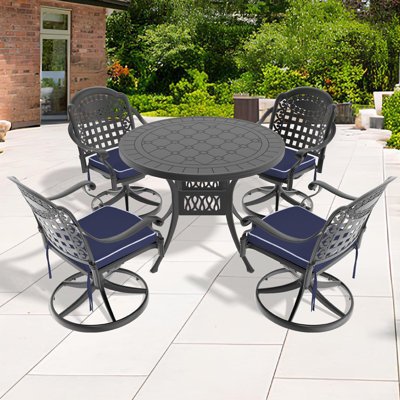 Ensemble de salle à manger 5 pièces en aluminium coulé résistant aux intempéries, comprenant 4 chaises pivotantes et une table ronde de 39,37 po avec structure noire