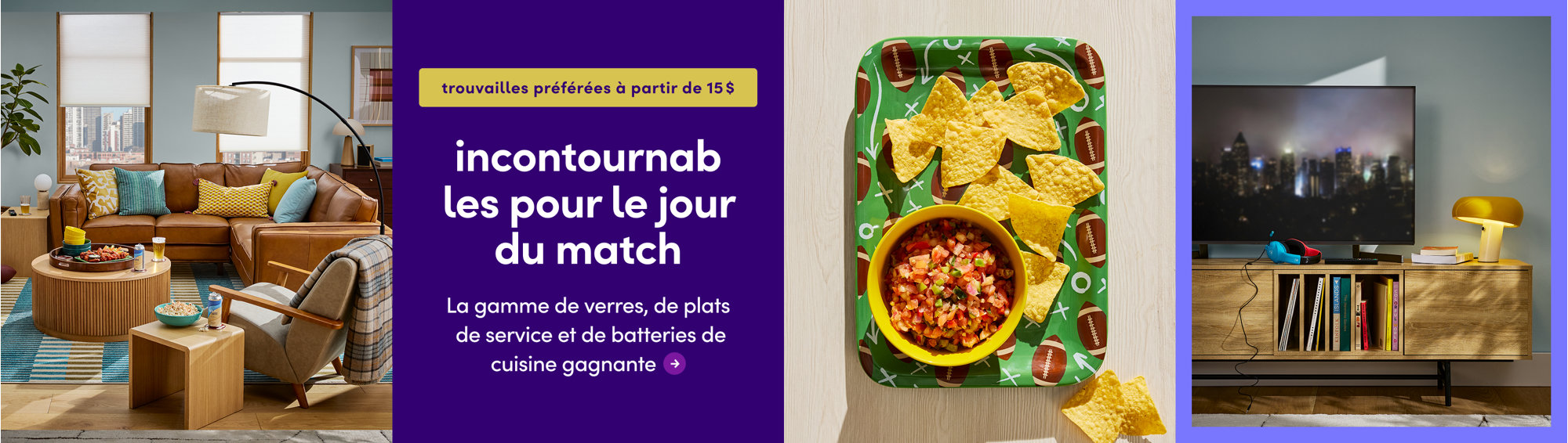Vedettes du jour de match, meilleurs choix à partir de 15 $, mettant en vedette un salon confortable avec un canapé sectionnel en cuir brun et des collations, ainsi qu'un plateau de service avec croustilles et salsa.