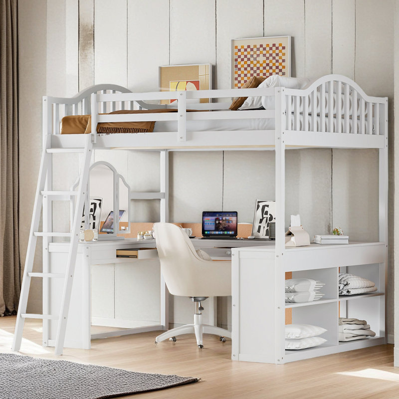 Full Wooden Loft Bed With U-Shaped Desk, White