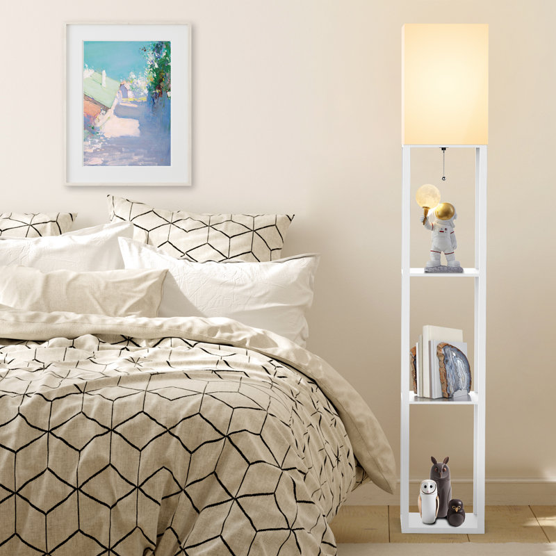Emonnie 62.9" Column Floor Lamp with Shelves, Real Solid Wood and Bulb Included, White