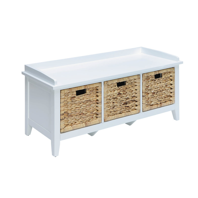 Banc rectangulaire avec 3 tiroirs et rangement, style transitionnel et finition blanche, cadre en bois, tiroir Kd, glissière en métal à l'avant du panier, pieds en bois massif, placage, banc profond de 16 pouces, tiroir de siège 43