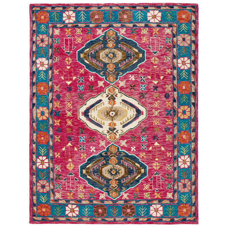 Ferrelview Hand Tufted Wool/Cotton Southwestern Rug in Blue/Red, Square 7'