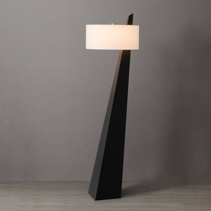 Lampe sur pied en chêne noir de qualité supérieure de 63 po Obelisk, finition en chêne noir, nickel satiné, abat-jour en coton et lin blanc, compatible avec les DEL écoénergétiques