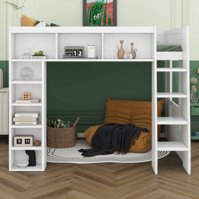 Queen Size Loft Bed With Storage Cabinets And Shelves, Wooden Loft Bed Frame With Full-Length Guardrail And Ladder