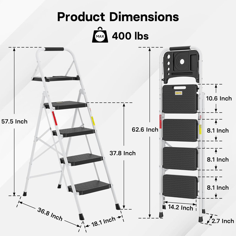 Black and White Steel Folding 4-Step Ladder with Tool Platform