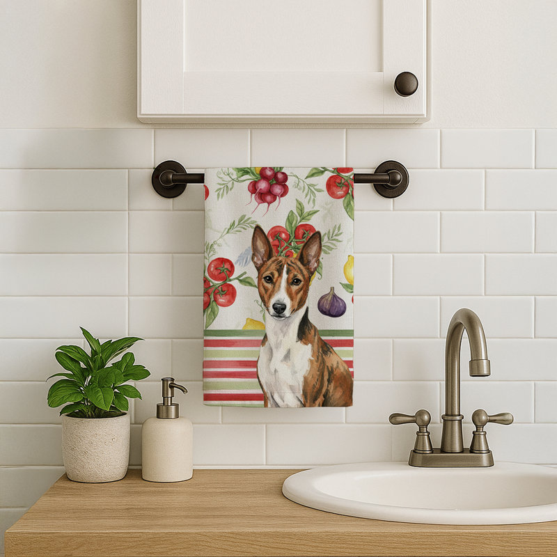 Brindle and White Basenji Vegetables Kitchen Towel, Brindle/White Basenji