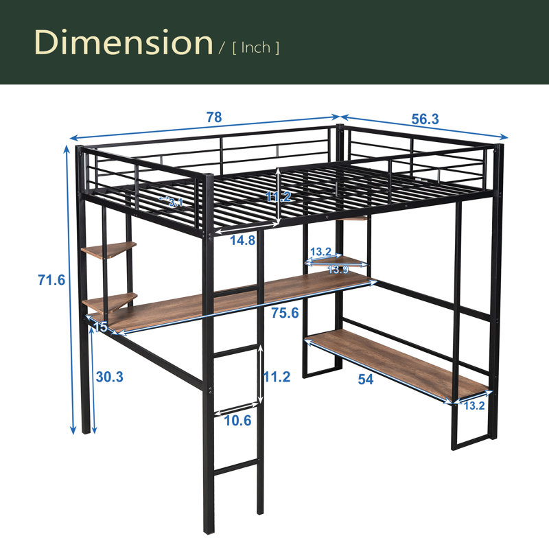 Lit mezzanine double en métal et panneau de fibres à densité moyenne avec long bureau et tablettes
